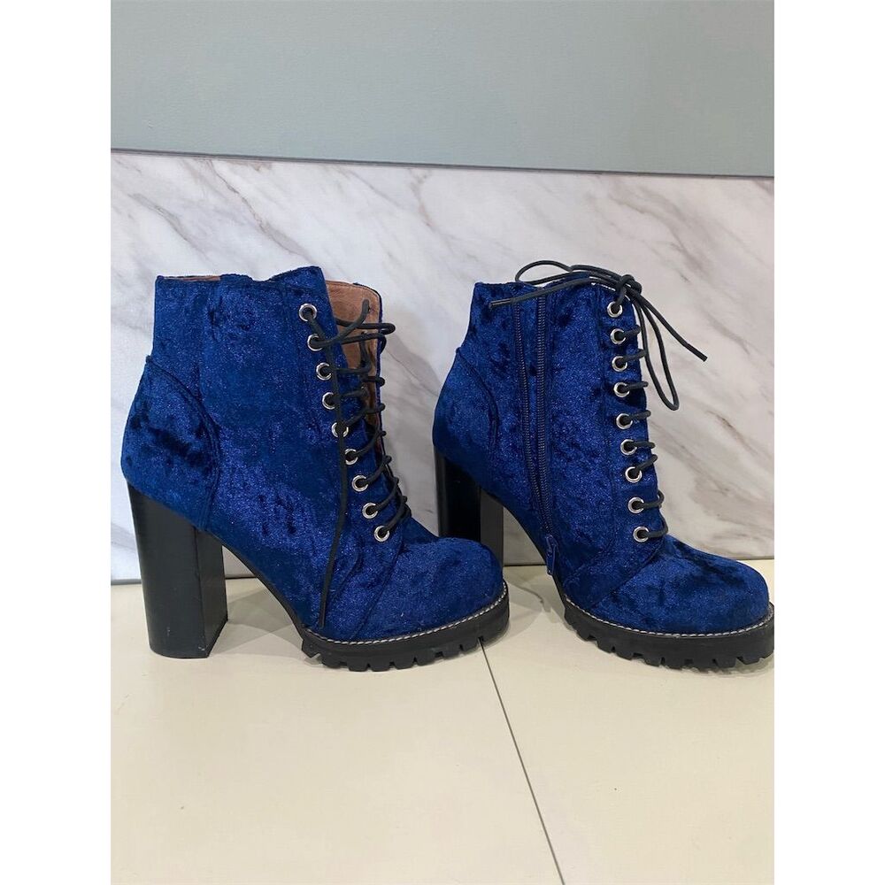 Jeffrey Campbell Women's Blue Velvet Lace-Up Ankle Booties Size 8M